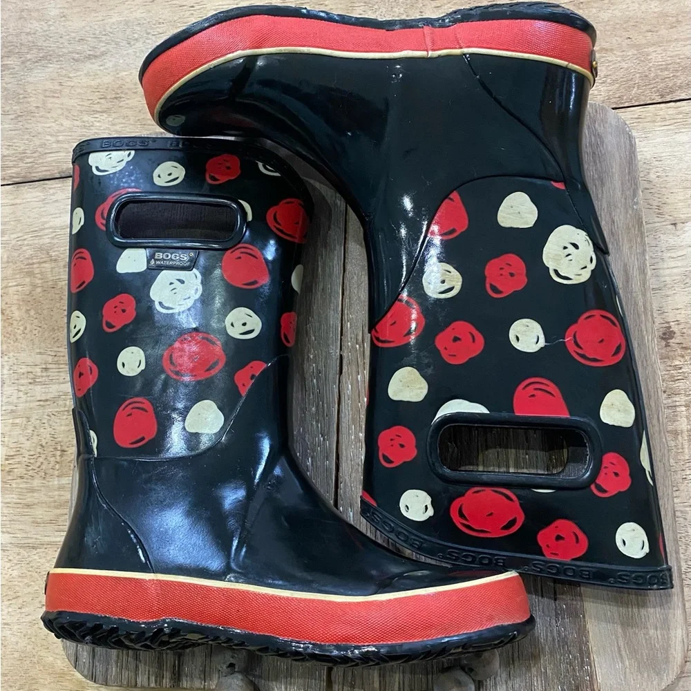 Bogs‎ Classic Kids Unisex Size 3 Black W/ Red/Yellow Scribble Dot Rainboots